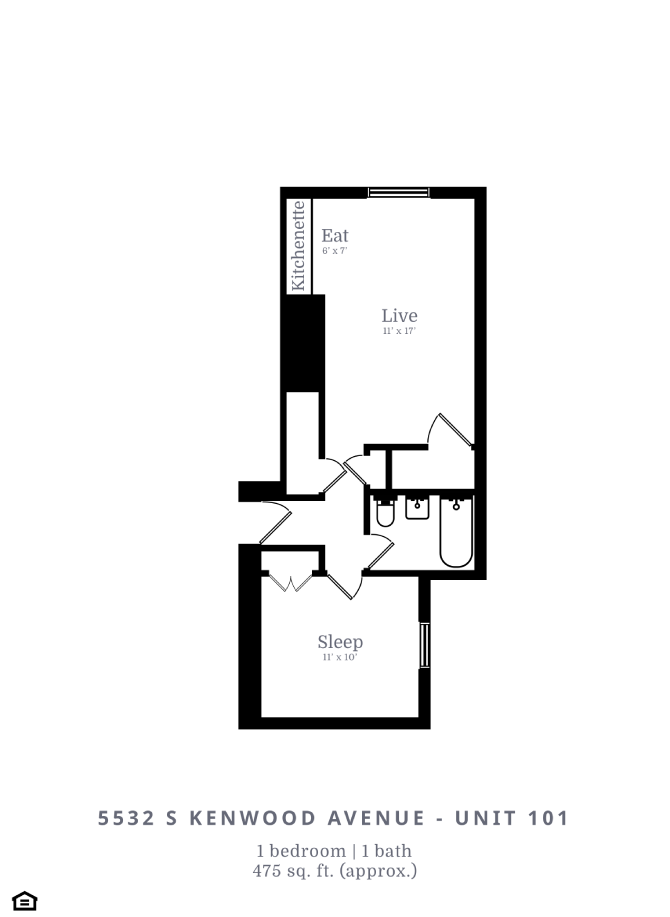 Floor plan for 1 bed, 1 bath, 475 sqft